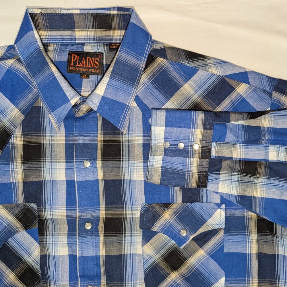 Plains Western Wear Pearl Snap Mens XL Blue Plaid Long Sleeve Shirt Western